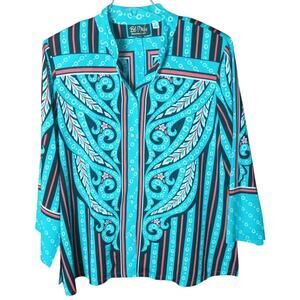Bob Mackie Wearable Art Women 2x Teal/ Black 80s Lightweight Button Front Blouse